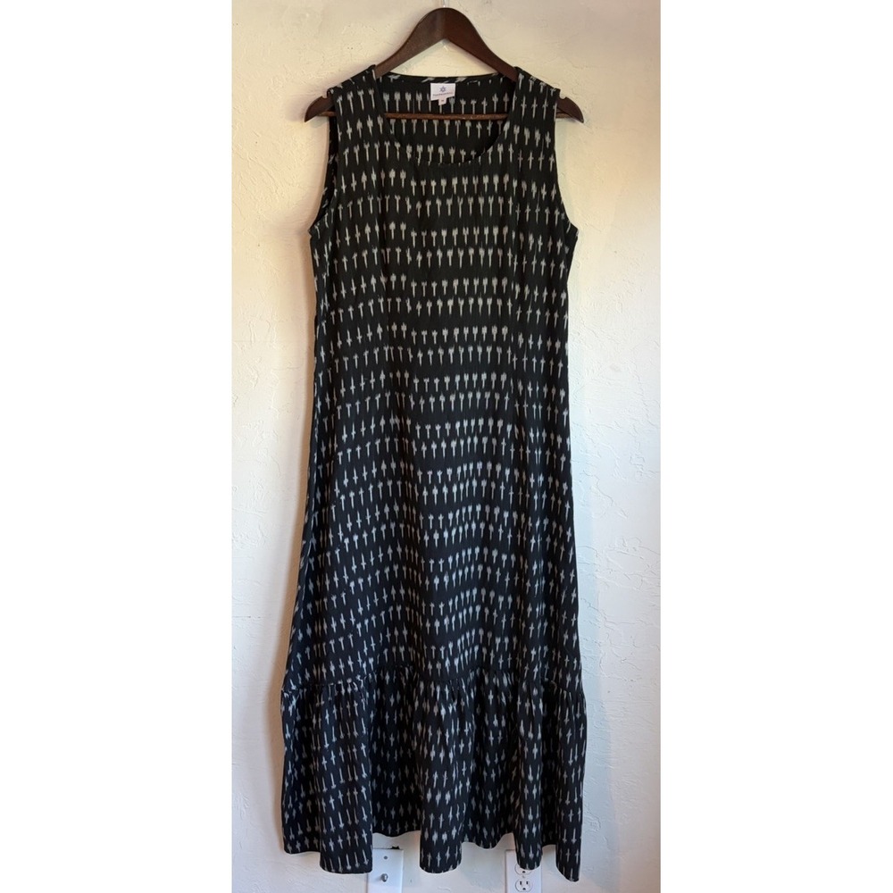Pax Philomena Black Madras Cotton Ikat Sleeveless Mermaid Maxi Dress M
